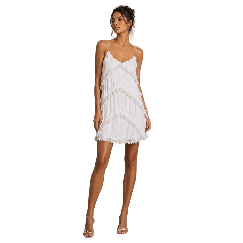 Entro White Boho Tiered Fringe Crochet Trim Mini Dress Medium Adjustable Straps